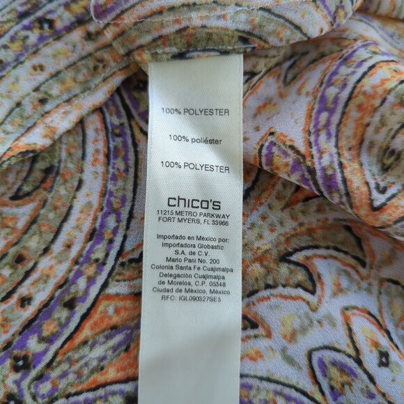 Chico's Paisley long tab sleeve asymmetrical orange‎ green cream tunic sz 1 sz 8 - Picture 13 of 16